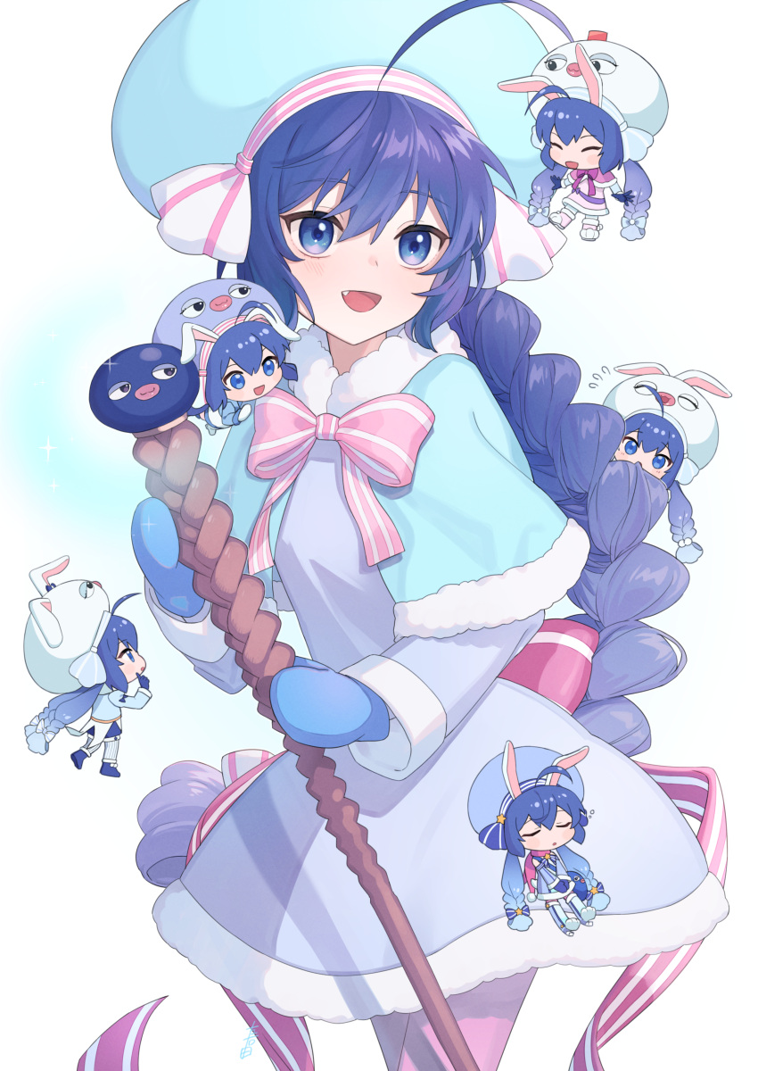 6+girls, absurdres, ahoge, alternate_costume, animal_ears, animal_hat, aqua_capelet, aqua_headwear, aqua_sleeves, back_bow, blue_bow, blue_dress, blue_footwear, blue_gloves, blue_headwear, blue_mittens, blue_shorts, bow, capelet, chibi, closed_eyes, commentary_request, dark_blue_gloves, dress, eel_hat, fake_animal_ears, fang, fur-trimmed_capelet, fur-trimmed_dress, fur_trim, gloves, gradient_hair, hair_between_eyes, hair_bow, hat, highres, holding, holding_staff, large_hat, leggings, light_blue_dress, long_hair, long_sleeves, looking_ahead, looking_at_another, low-braided_long_hair, low-tied_long_hair, mittens, multicolored_hair, multiple_girls, multiple_persona, neck_ribbon, open_mouth, otomachi_una, pink_capelet, pink_dress, pink_footwear, pink_leggings, pink_ribbon, pink_trim, rabbit_ears, rabbit_hat, ribbon, shorts, smile, solo_focus, sparkle, staff, star_(symbol), striped_bow, striped_leggings, striped_ribbon, suiso_sn3, twintails, vertical-striped_leggings, vocaloid, white_background, white_headwear, white_leggings, white_mittens, white_trim