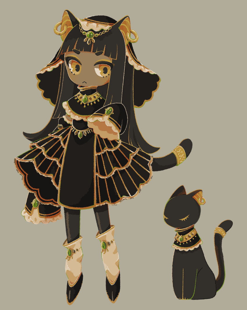 1girl, :<, animal, animal_ear_piercing, animal_ears, arm_at_side, bastet_(mythology), black_capelet