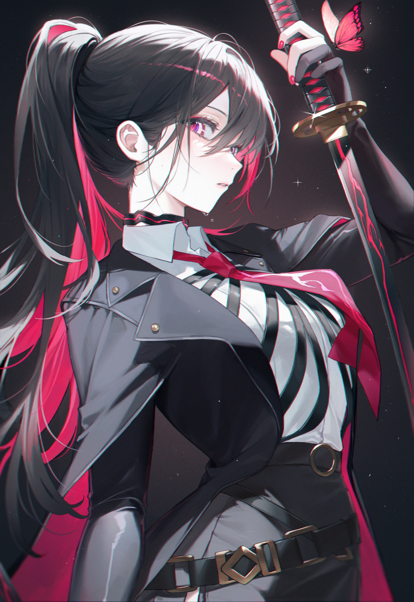 1girl, absurdres, black_gloves, black_hair, black_jacket, cerberus_(legendary_sword), collared_shirt, commentary, diffraction_spikes, elbow_gloves, gloves, highres, holding, holding_sword, holding_weapon, jacket, katana, kinty, lapels, legendary_sword, long_hair, looking_at_viewer, multicolored_eyes, multicolored_hair, nail_polish, necktie, open_clothes, open_jacket, parted_lips, partially_fingerless_gloves, pink_eyes, pink_hair, pink_nails, pink_necktie, ponytail, ringed_eyes, shirt, sideways_glance, solo, streaked_hair, sweat, sword, symbol-only_commentary, two-tone_hair, upper_body, very_long_hair, violet_eyes, weapon, white_shirt