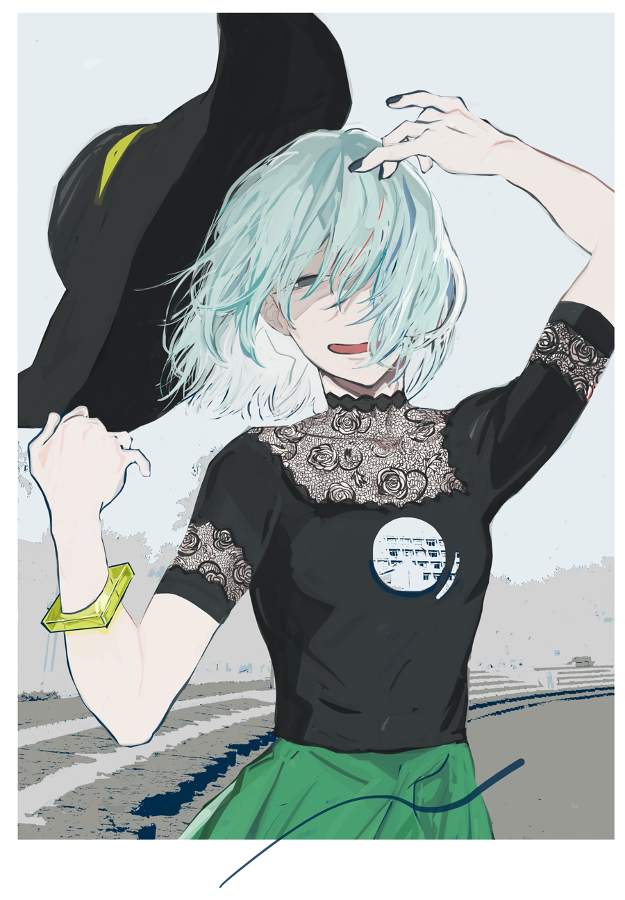 alternate_costume, black_headwear, empty_eyes, green_hair, green_skirt, hat, highres, komeiji_koishi