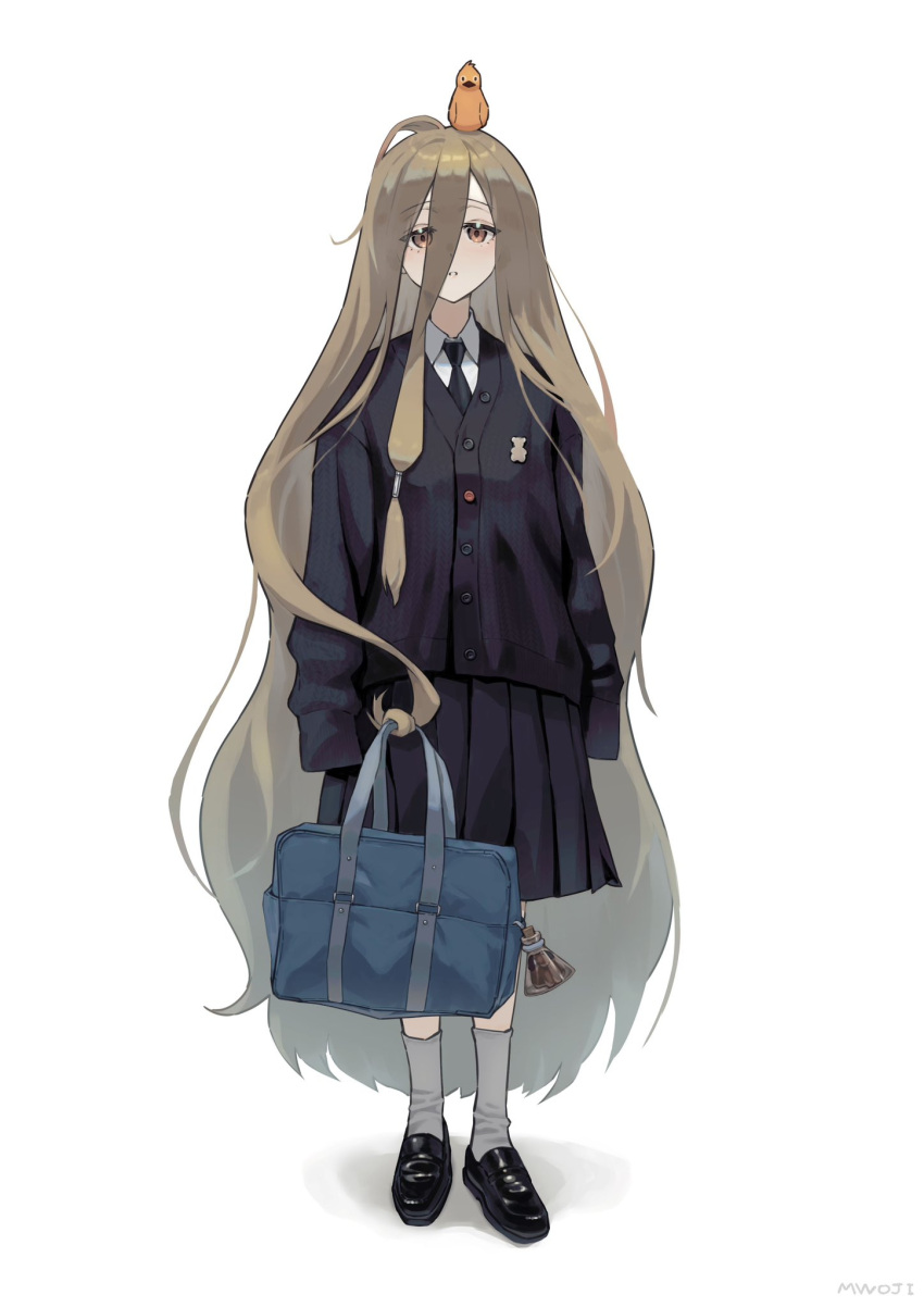 1girl, animal_on_head, artist_name, bag, bird, black_footwear, black_necktie, black_skirt