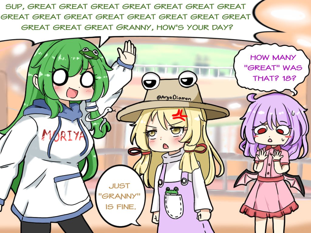 3girls, :d, alternate_costume, bat_wings, blonde_hair, blurry, blurry_background, brown_headwear
