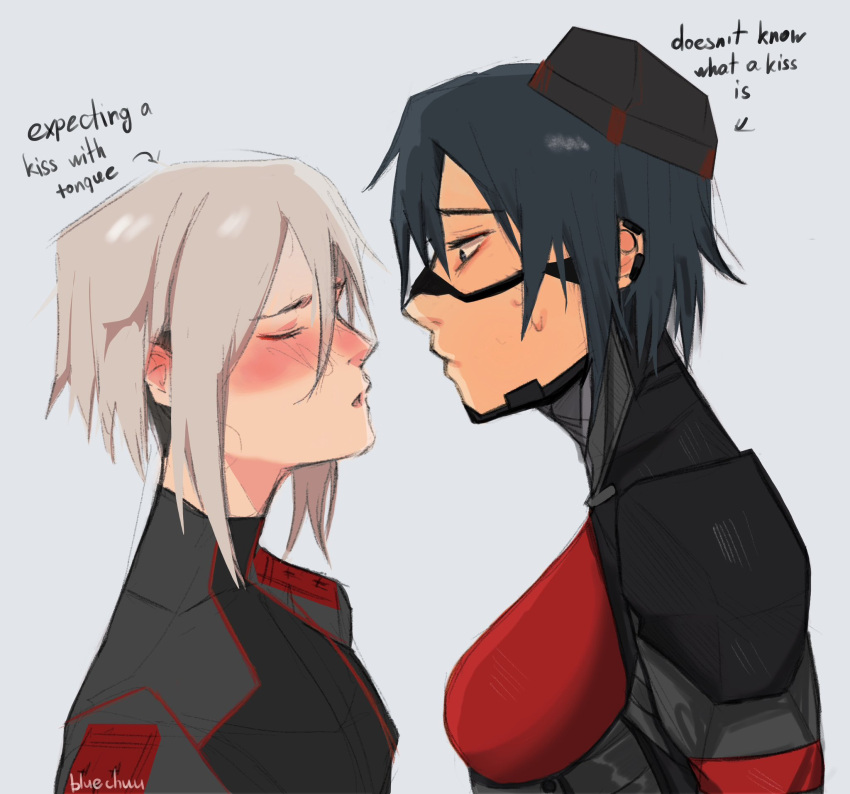 2girls, android, ariane_yeong, bluechuu, blush, closed_eyes, cyberpunk, elster_(signalis)