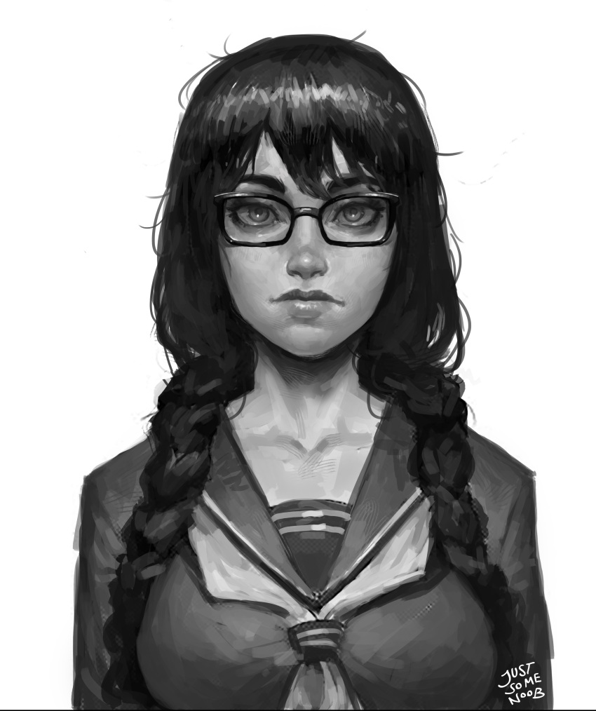 1girl, absurdres, braid, breasts, emergence_(shindol), expressionless, frown, glasses