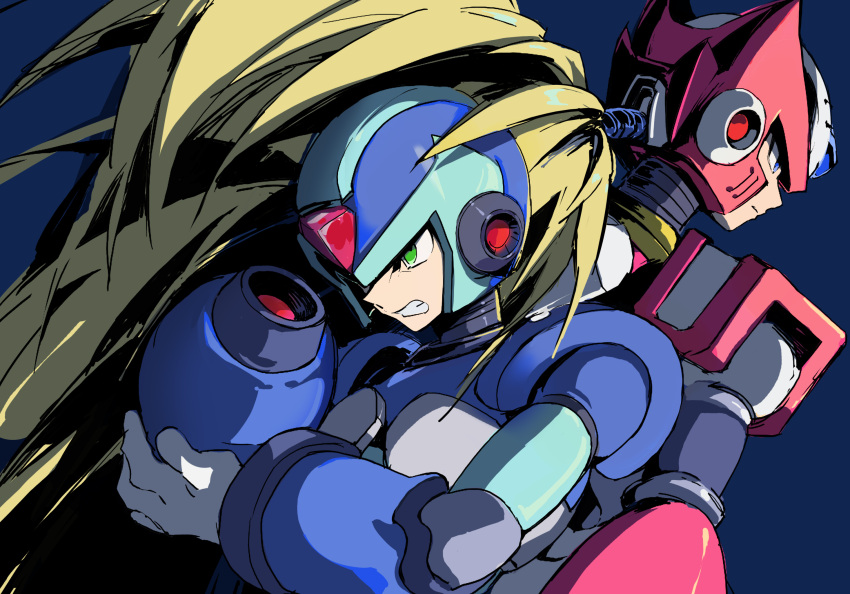 2boys, arm_cannon, armor, blonde_hair, blue_background, blue_eyes, blue_headwear, commentary_request