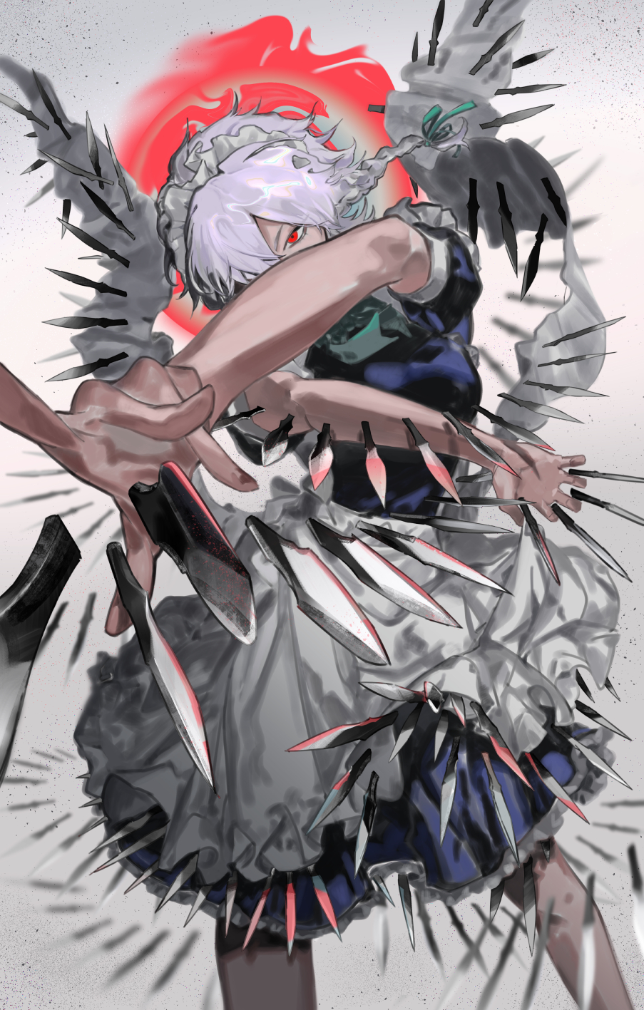 1girl, apron, blue_dress, braid, dress, floating_hair, frilled_apron, frilled_dress