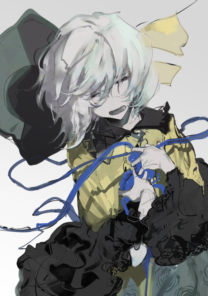 1girl, black_headwear, bow, closed_eyes, floating_hair, frilled_shirt_collar, frilled_sleeves, frills