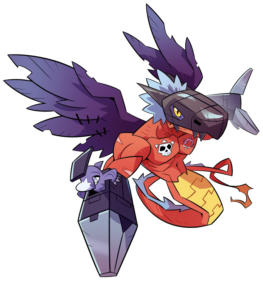 absurdres, colored_skin, digimon, digimon_(creature), dragon, grey_hair, helmet, highres