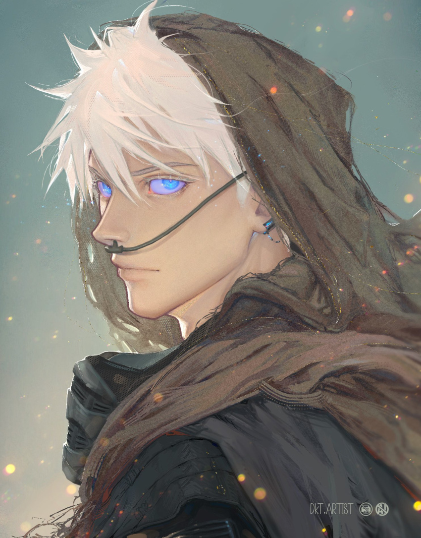 1boy, artistdkt, black_cloak, black_suit, blue_eyes, cloak, cosplay, crossover