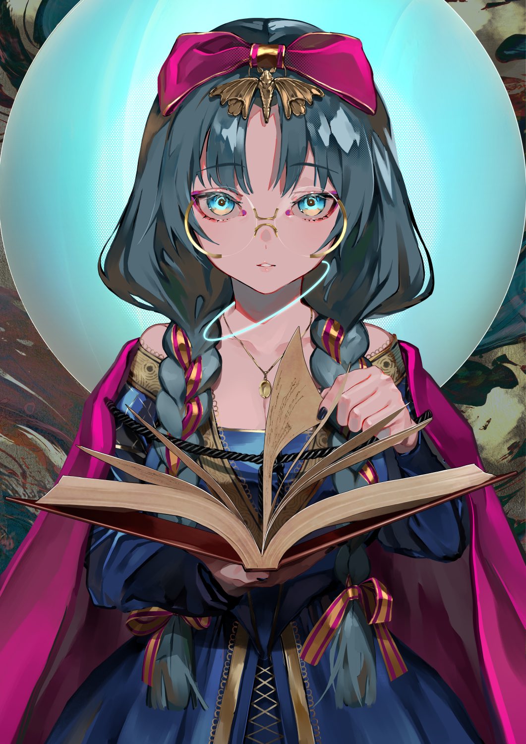 1girl, blue_dress, book, bow, braid, cape, commentary_request, cowboy_shot, dress, french_braid, glasses, green_hair, hair_bow, highres, holding, holding_book, lam_(ramdayo), long_hair, looking_at_viewer, original, parted_lips, pink_cape, solo