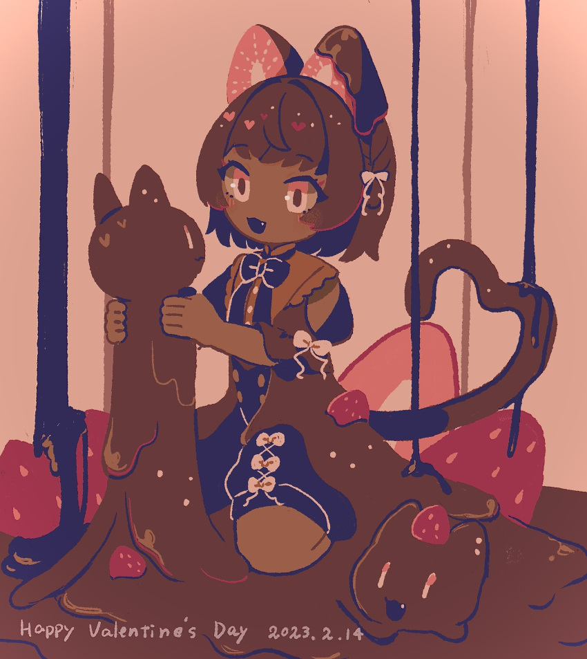 1girl, :3, animal_ears, black_bow, black_bowtie, black_romper, bow, bowtie