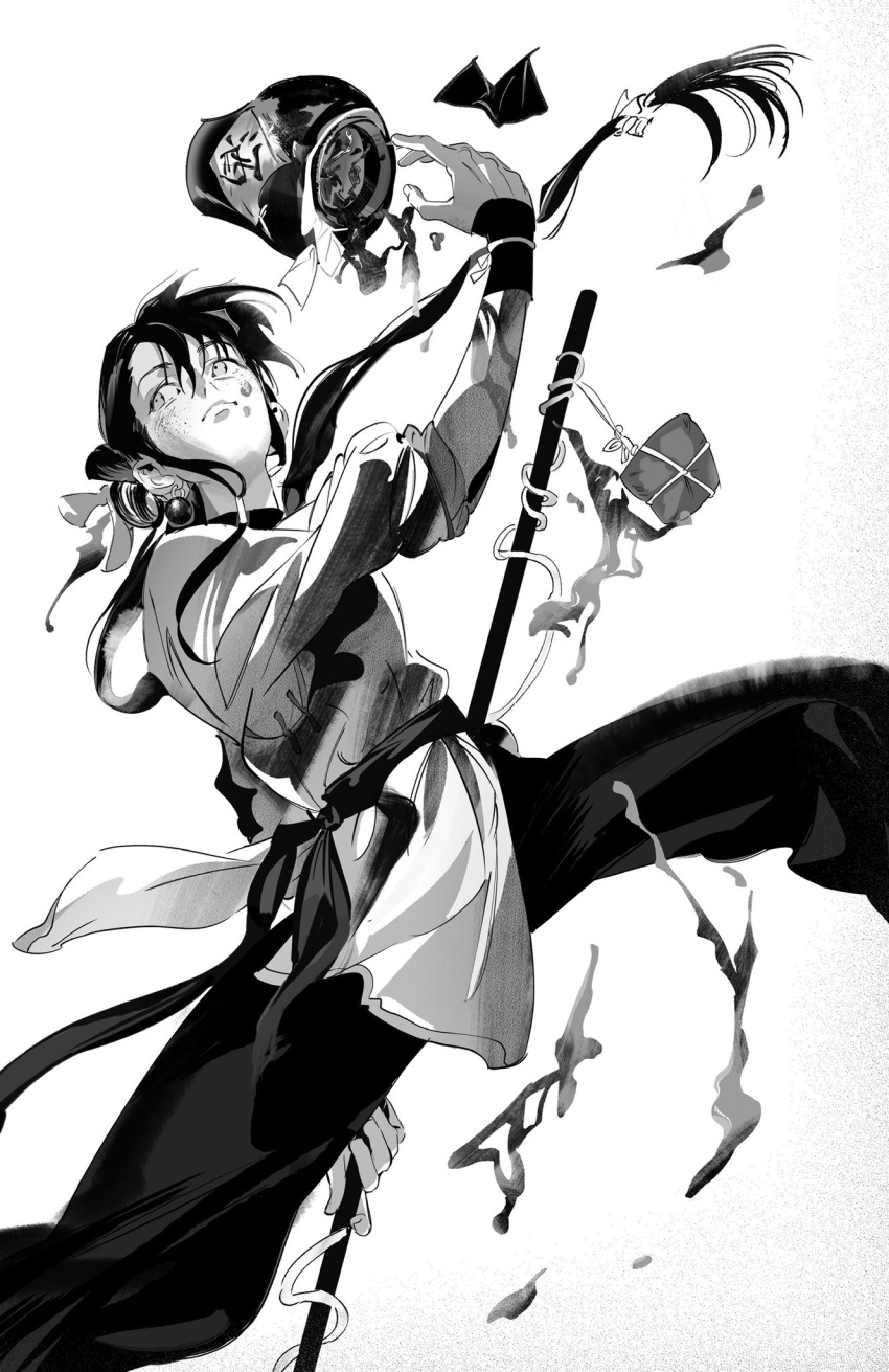 1girl, alcohol, androgynous, chinese_clothes, daxing_jia_quan, dutch_angle, earrings, fighting_stance