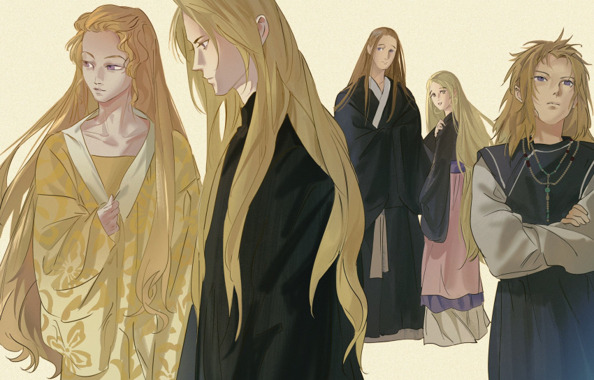 2girls, 3boys, bead_necklace, beads, black_robe, blonde_hair, brown_hair, closed_mouth