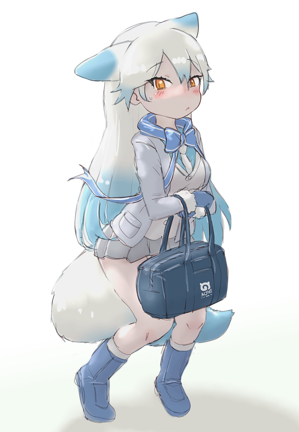 1girl, animal_ears, bag, blue_bow, blue_bowtie, blue_footwear, blue_gloves, blue_hair