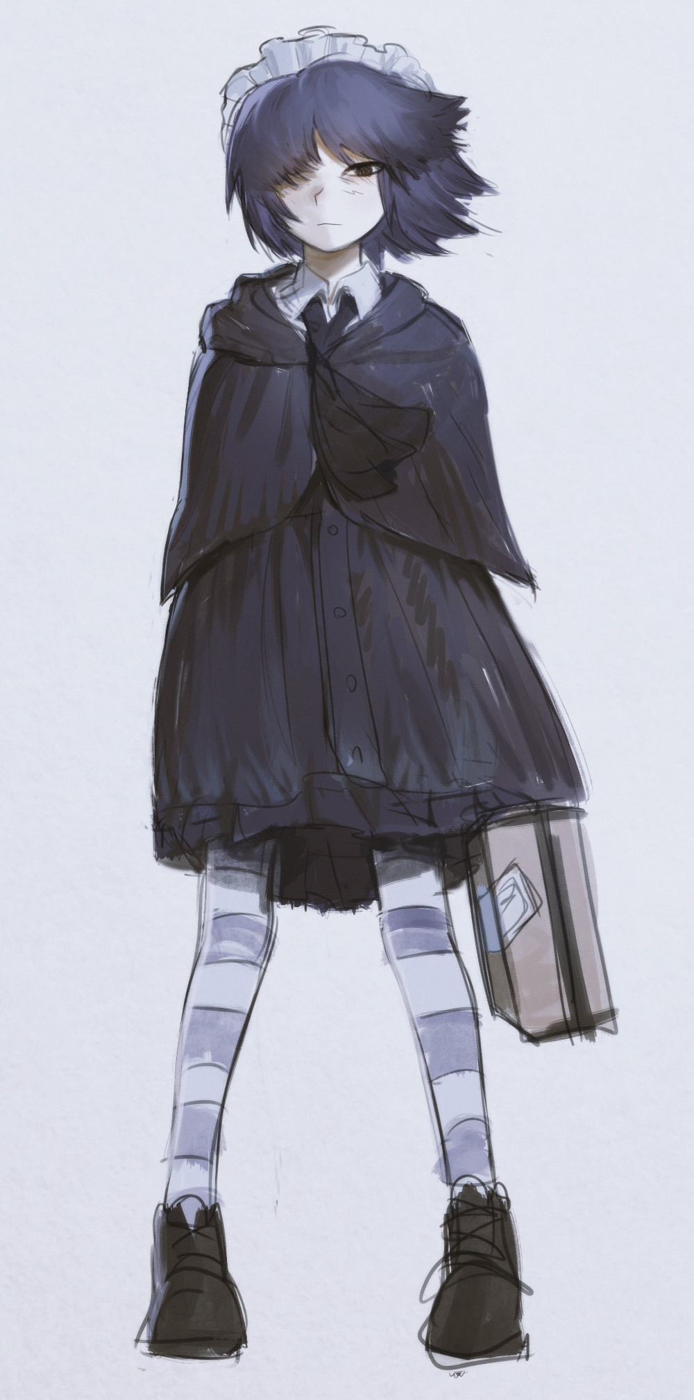 1girl, ascot, bad_source, black_ascot, black_capelet, black_dress, black_eyes, black_footwear, black_hair, blue_hair, capelet, closed_mouth, collared_shirt, dress, full_body, futaba_channel, grey_background, grintasia, hair_over_one_eye, highres, holding, holding_suitcase, looking_at_viewer, maid_headdress, nijiura_maids, pantyhose, shirt, shoes, short_hair, simple_background, sketch, solo, standing, striped_clothes, striped_pantyhose, suitcase, white_shirt, yakui, yellow_eyes