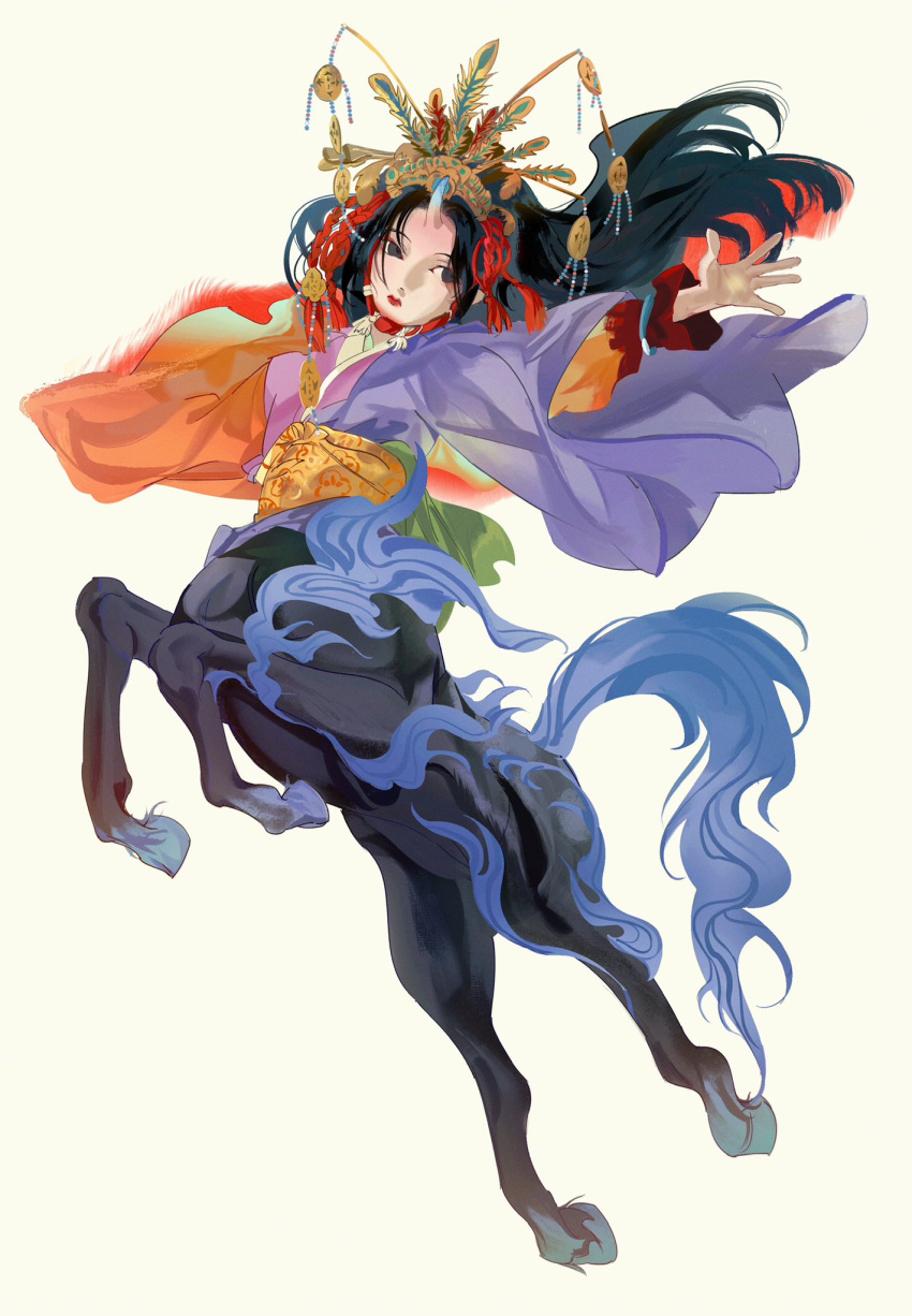 1girl, androgynous, black_eyes, black_hair, blue_horns, blue_tail, cape, centaur