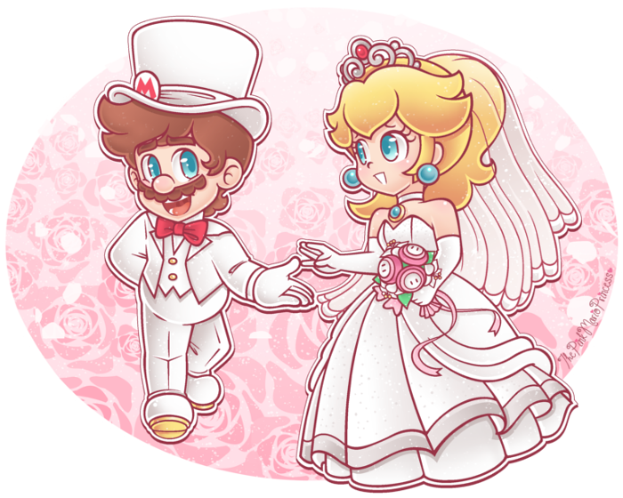 1boy, 1girl, arm_behind_back, bad_id, bad_link, bad_tumblr_id, bare_shoulders, blonde_hair, blue_eyes, blue_gemstone, border, bouquet, bow, bowtie, bridal_veil, bride, brown_hair, buttons, chest_jewel, choker, couple, dress, earrings, elbow_gloves, english_text, eyelashes, facial_hair, fire_flower, floral_background, flower, full_body, gem, gloves, grey_headwear, groom, hat, hetero, holding, holding_bouquet, jacket, jewelry, light_blush, long_dress, long_hair, long_sleeves, looking_at_another, mario, mario_(tuxedo), mustache, open_clothes, open_jacket, open_mouth, outline, pants, petals, pink_background, ponytail, princess_peach, princess_peach_(wedding), reaching, red_bow, red_bowtie, rose, rose_petals, round_border, shirt, shoes, short_hair, smile, sphere_earrings, strapless, strapless_dress, suit, super_mario_bros., super_mario_odyssey, teeth, thepinkmarioprincess, thick_eyebrows, tiara, top_hat, traditional_bowtie, transparent_border, turtleneck_shirt, v-neck, veil, vest, wedding_dress, white_choker, white_dress, white_footwear, white_gloves, white_headwear, white_jacket, white_outline, white_pants, white_shirt, white_sleeves, white_suit, white_veil, white_vest