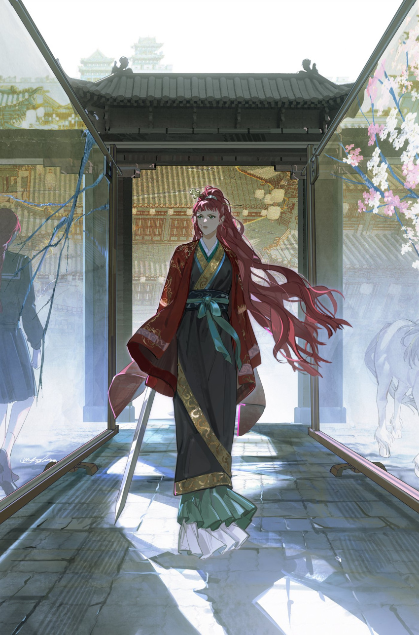 1girl, architecture, black_robe, black_serafuku, blunt_bangs, braid, braided_ponytail, chinese_clothes