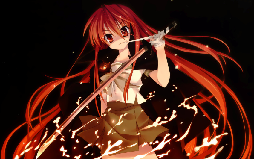 alastor, bandage, black, long_hair, muramasa_ryuunosuke, red_eyes, redhead, seifuku