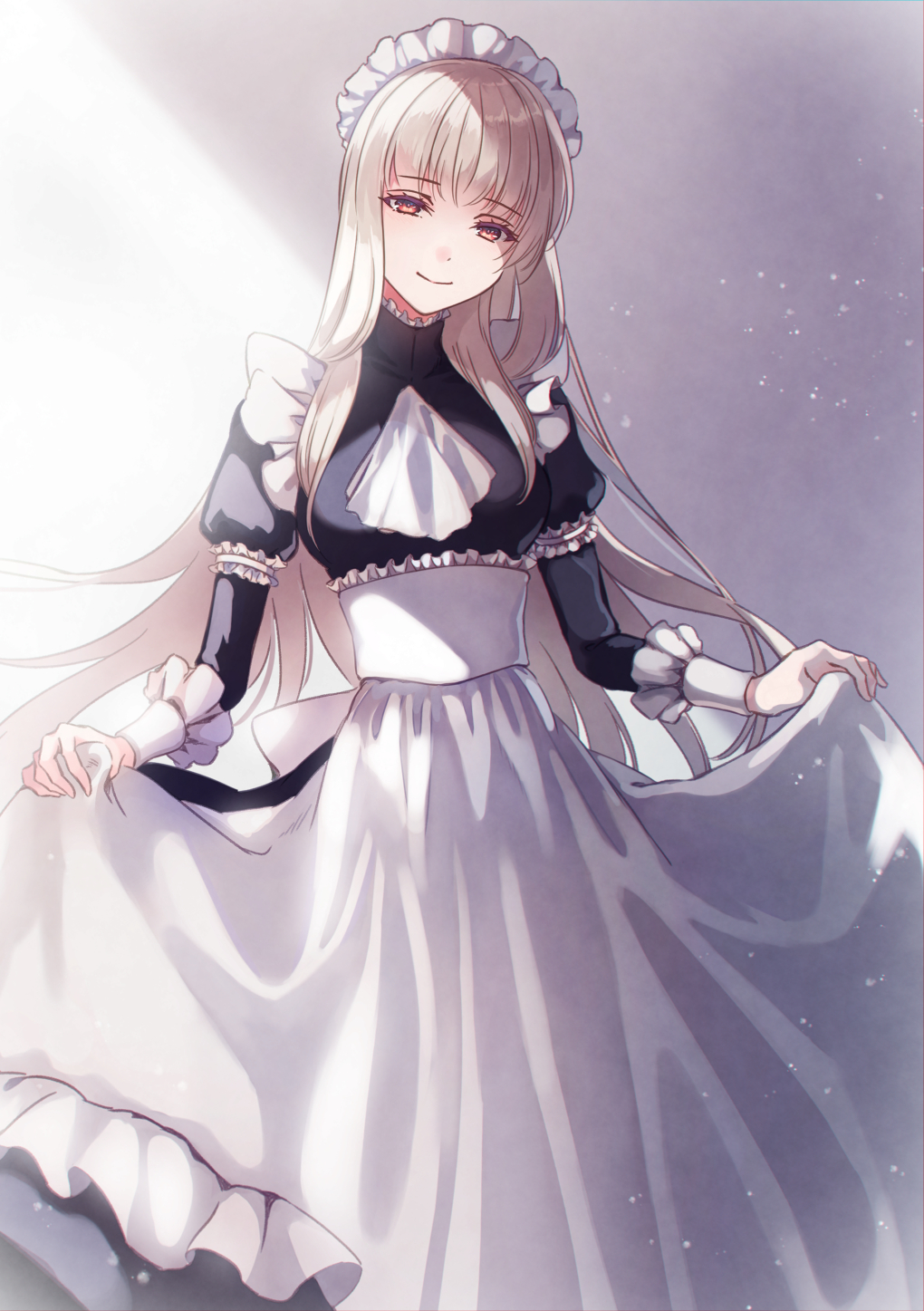 1girl, albino, apron, black_dress, brightblueeden, curtsey, dress, fata_morgana_no_yakata, feet_out_of_frame, highres, juliet_sleeves, long_hair, long_sleeves, looking_at_viewer, maid, maid_apron, maid_headdress, pale_skin, puffy_sleeves, red_eyes, sidelocks, smile, solo, the_white-haired_girl_(fata_morgana_no_yakata), very_long_hair, white_background, white_hair