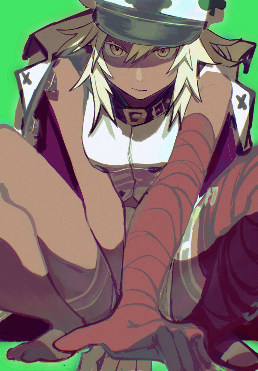 1girl, bandaged_arm, bandages, blonde_hair, clover, dark-skinned_female, dark_skin, fivewoodrain, four-leaf_clover, green_background, guilty_gear, guilty_gear_strive, hair_between_eyes, highres, long_hair, looking_at_viewer, orange_eyes, ramlethal_valentine, red_bandage, simple_background, thigh_strap