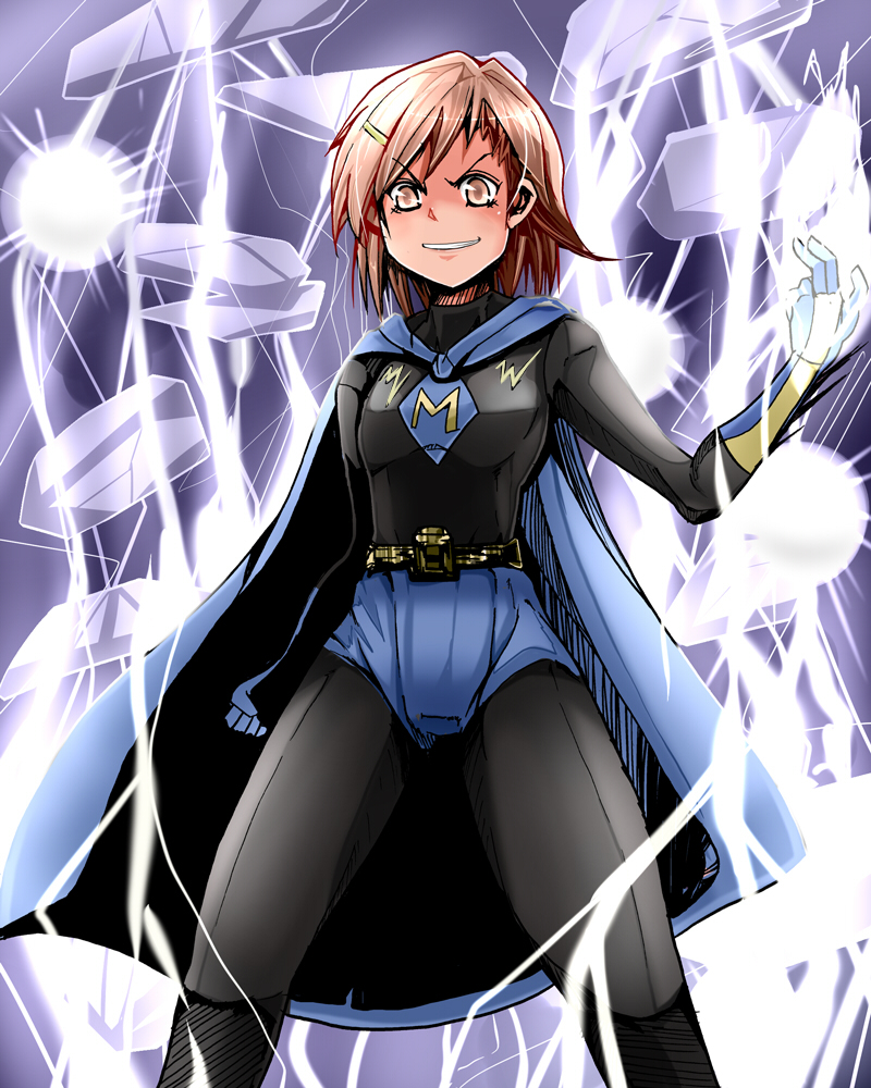 armadillo_(artist), belt, biribiri, bodysuit, brown_eyes, brown_hair, buruma, cape