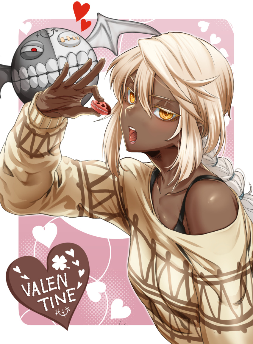 1girl, blonde_hair, braid, dark-skinned_female, dark_skin, eating, food, guilty_gear