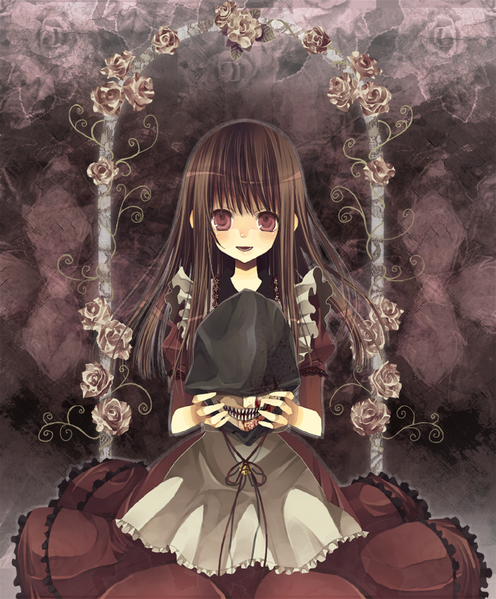alice_(wonderland), blood, brown_eyes, brown_hair, dress, flower, head, hinazawa_kirie
