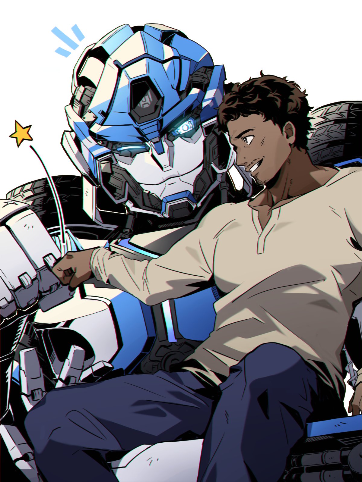 1boy, autobot, beard_stubble, blue_eyes, blue_pants, brown_hair, brown_shirt, collarbone, dark-skinned_male, dark_skin, facial_hair, fist_bump, glowing, glowing_eyes, highres, long_sleeves, mecha, mirage_(transformers), mustache_stubble, noah_diaz, one_eye_closed, pants, parted_lips, robot, sa_buroo, shirt, short_hair, sitting, smile, star_(symbol), stubble, transformers, transformers:_rise_of_the_beasts, transformers_(live_action), wheel, white_background