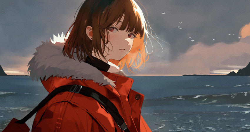 1girl, absurdres, bag, blunt_bangs, brown_hair, earrings, from_side, fur-trimmed_hood