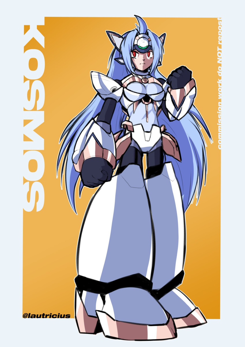 1girl, armor, blue_hair, breasts, character_name, clenched_hand, commission, crossover
