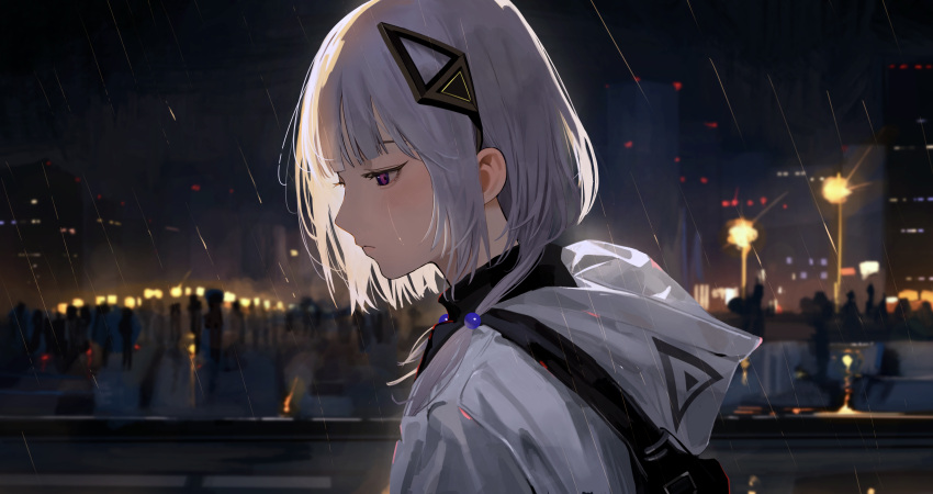 1girl, absurdres, black_shirt, blunt_bangs, cevio, cityscape, closed_mouth, crowd