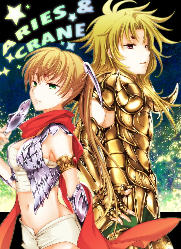 armor, blonde_hair, crane_yuzuriha, green_eyes, long_hair, midriff, mikazuki_tenma, navel