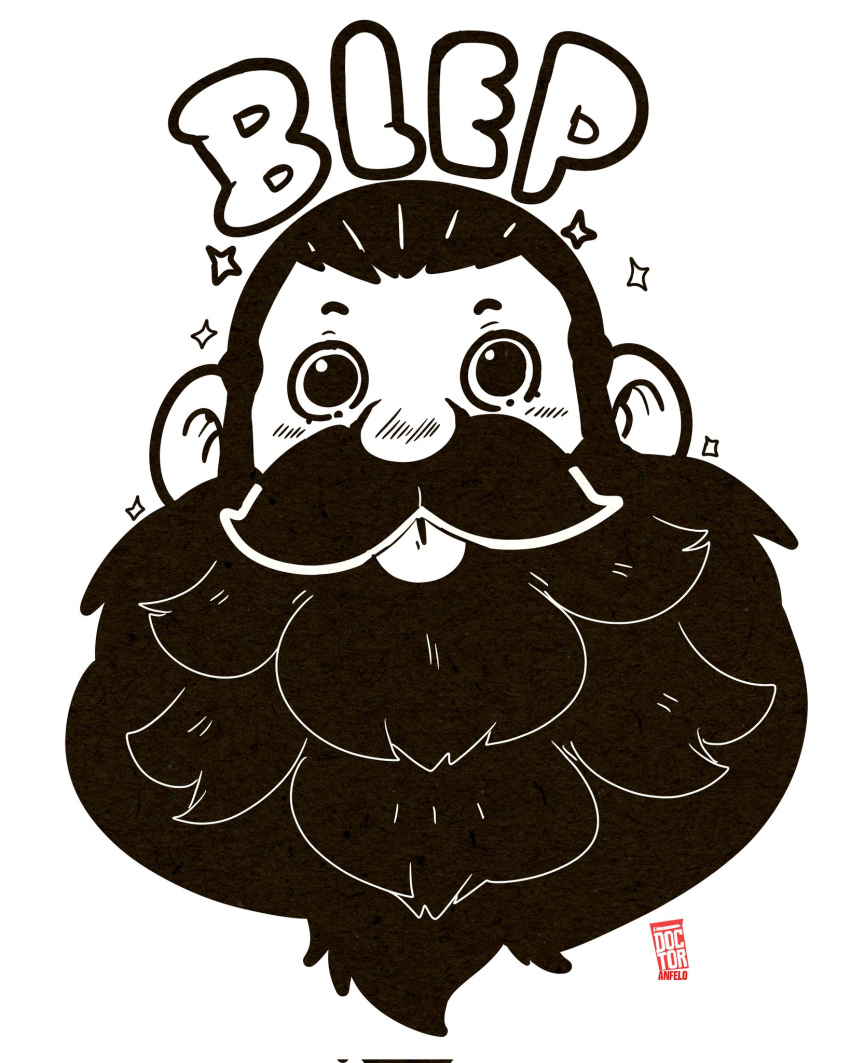 1boy, :p, beard, blush, doctor_anfelo, dungeon_meshi, dwarf, facial_hair, greyscale, highres, long_beard, looking_at_viewer, male_focus, monochrome, senshi_(dungeon_meshi), solo, sparkling_aura, thick_mustache, tongue, tongue_out, very_long_beard