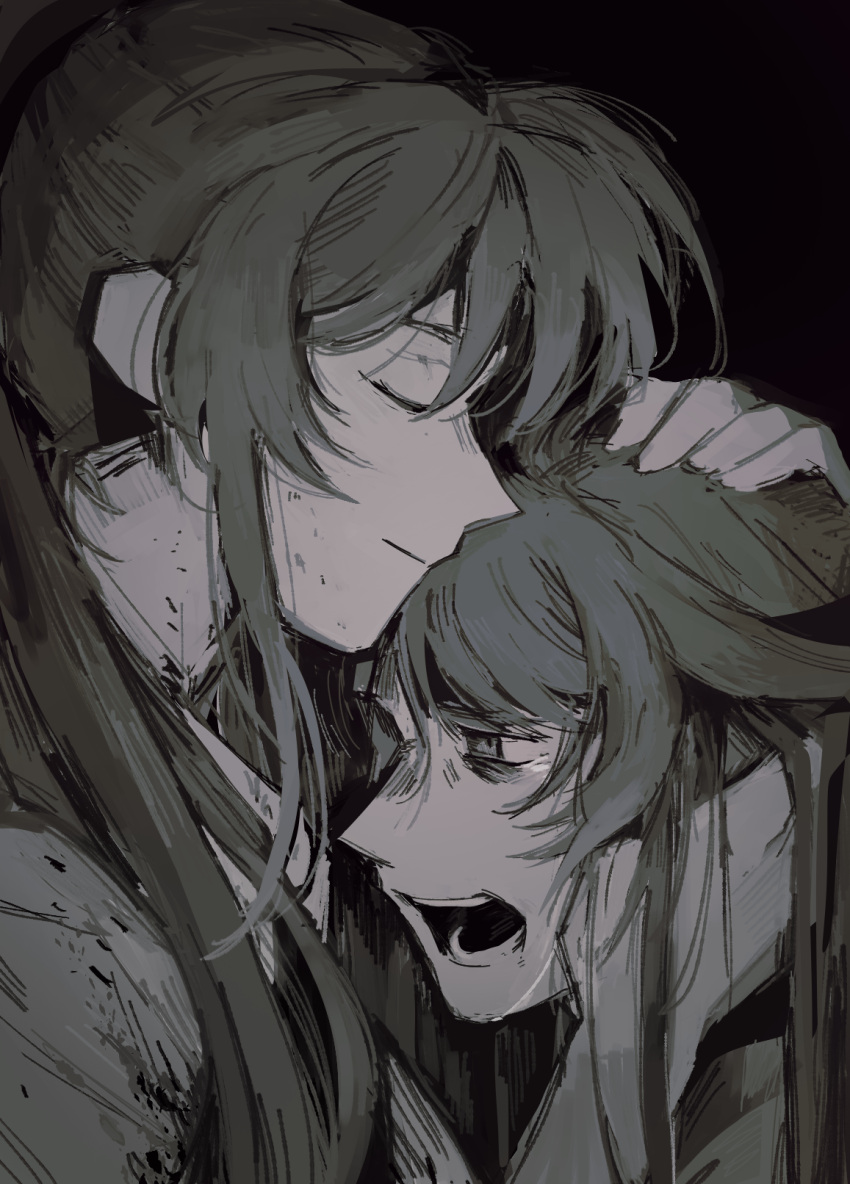 2girls, angst, bags_under_eyes, black_background, closed_eyes, closed_mouth, crying, highres, higurashi_no_naku_koro_ni, holding_another's_head, long_hair, monochrome, multiple_girls, nopanamaman, open_mouth, ponytail, portrait, siblings, sidelocks, simple_background, sonozaki_mion, sonozaki_shion, twins