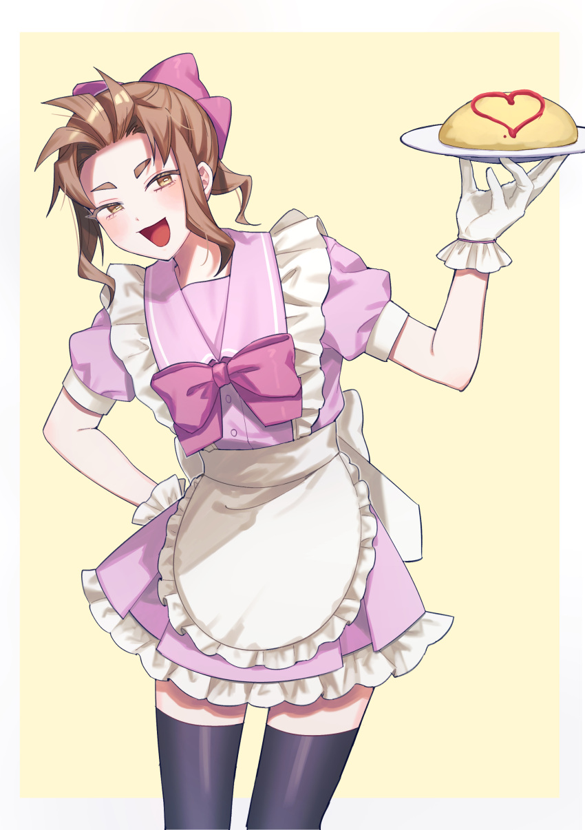 1girl, :3, absurdres, apron, arm_behind_back, black_thighhighs, blush, border, bow, bowtie, brown_eyes, brown_hair, dress, feet_out_of_frame, food, forehead, frilled_apron, frills, gloves, hair_bow, hand_up, highres, holding, holding_plate, leaning_forward, looking_at_viewer, nico_(this_communication), nishi_no_chigo, omelet, omurice, open_mouth, outside_border, pink_bow, pink_bowtie, pink_dress, pink_sailor_collar, plate, puffy_short_sleeves, puffy_sleeves, sailor_collar, short_dress, short_ponytail, short_sleeves, sidelocks, simple_background, smile, solo, standing, thick_eyebrows, thigh-highs, this_communication, waitress, white_border, white_gloves, yellow_background