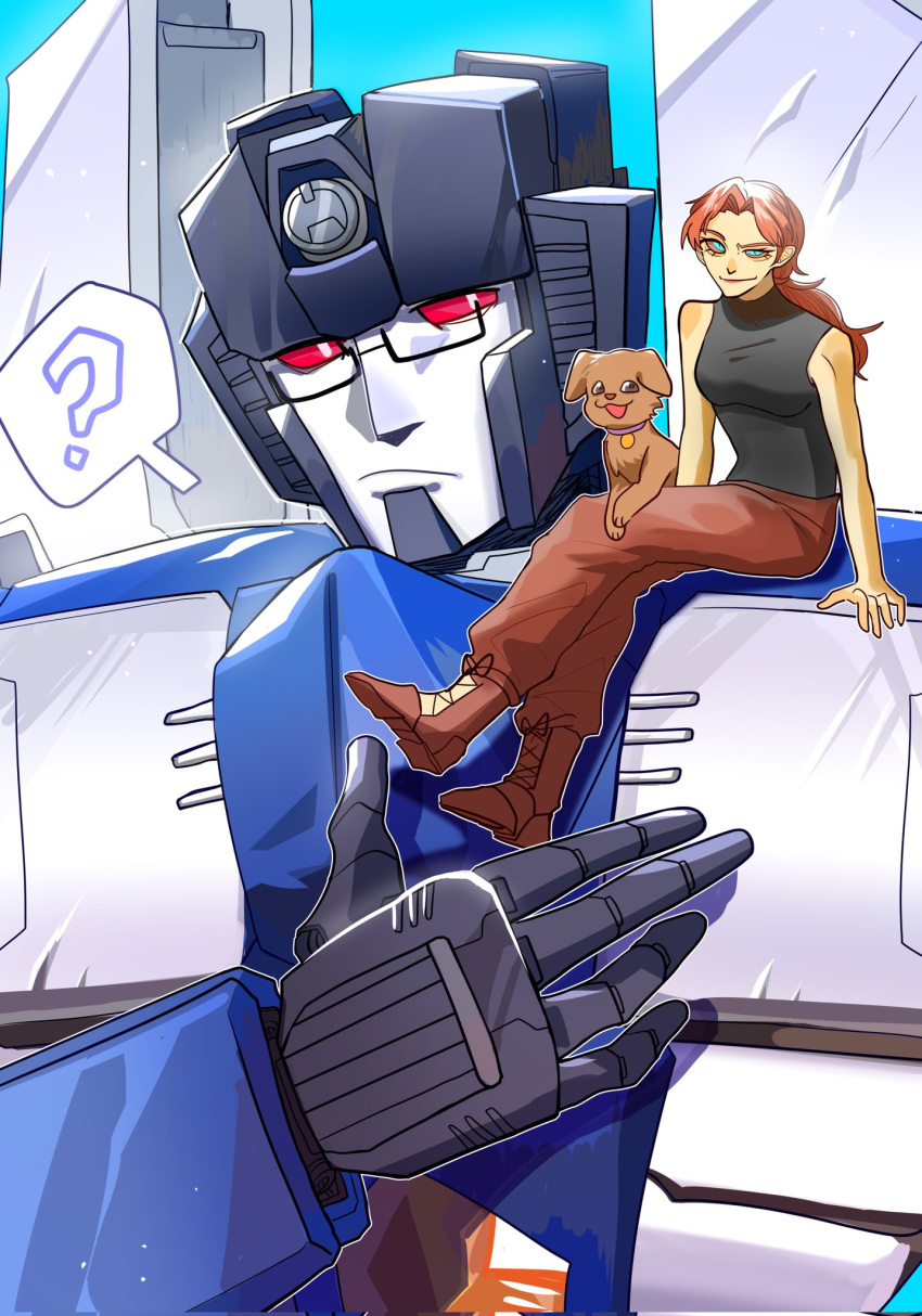 1girl, ?, black_shirt, blue_background, blue_eyes, boots, brown_footwear, brown_hair, brown_pants, brown_sclera, buster_(dog), chinese_commentary, colored_sclera, cutemuyanv, dog, frown, glasses, hand_on_own_chest, highres, leash, looking_at_viewer, looking_to_the_side, low_ponytail, marissa_faireborn, mecha, pants, red_eyes, robot, shirt, sleeveless, sleeveless_shirt, smile, speech_bubble, spoken_question_mark, the_transformers_(idw), transformers, upper_body