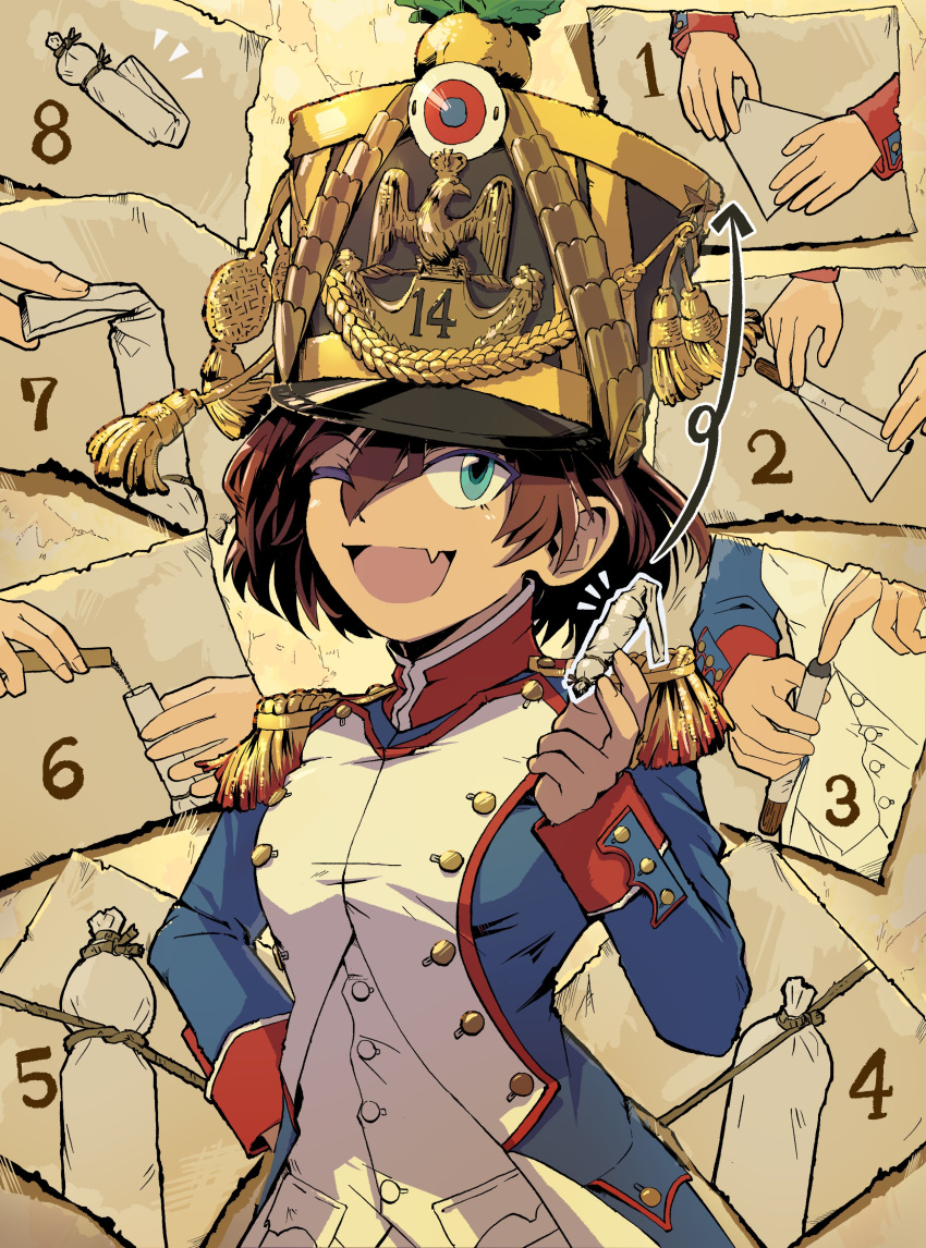 1girl, absurdres, aiguillette, ammunition, arrow_(symbol), black_headwear, blue_coat, blue_eyes, brown_hair, bullet, buttons, coat, cockade, commentary_request, double-breasted, english_text, epaulettes, fang, france, french_army, french_clothes, gold_trim, gunpowder, hair_between_eyes, hand_on_own_hip, hat, highres, holding, how_to, line_infantry, long_sleeves, looking_at_viewer, military, military_hat, military_uniform, numbered, one_eye_closed, open_mouth, original, pants, pocket, red_trim, shako_cap, short_hair, sidelocks, skin_fang, smile, soldier, solo, standing, uniform, upper_body, zeinikunosekai