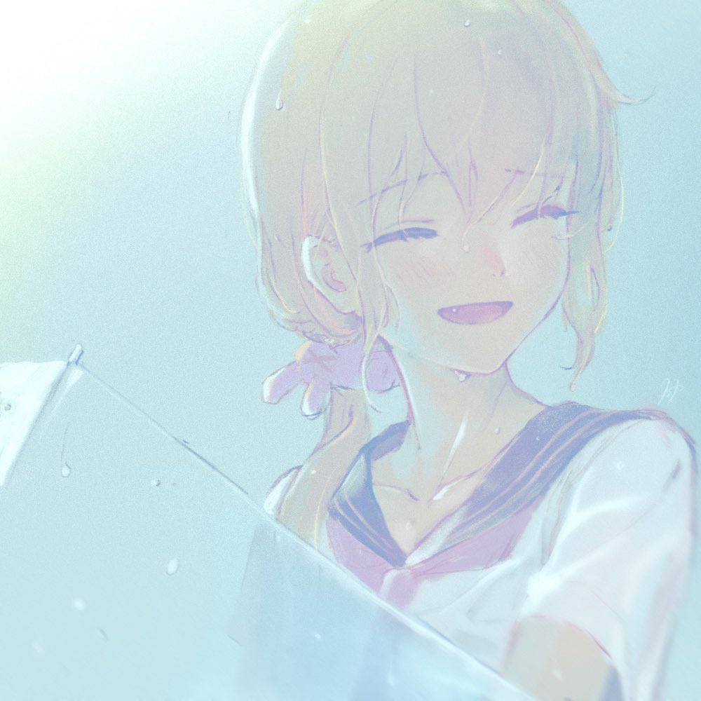 1girl, alternate_costume, bad_id, bad_twitter_id, black_sailor_collar, blonde_hair, bloom, blue_background