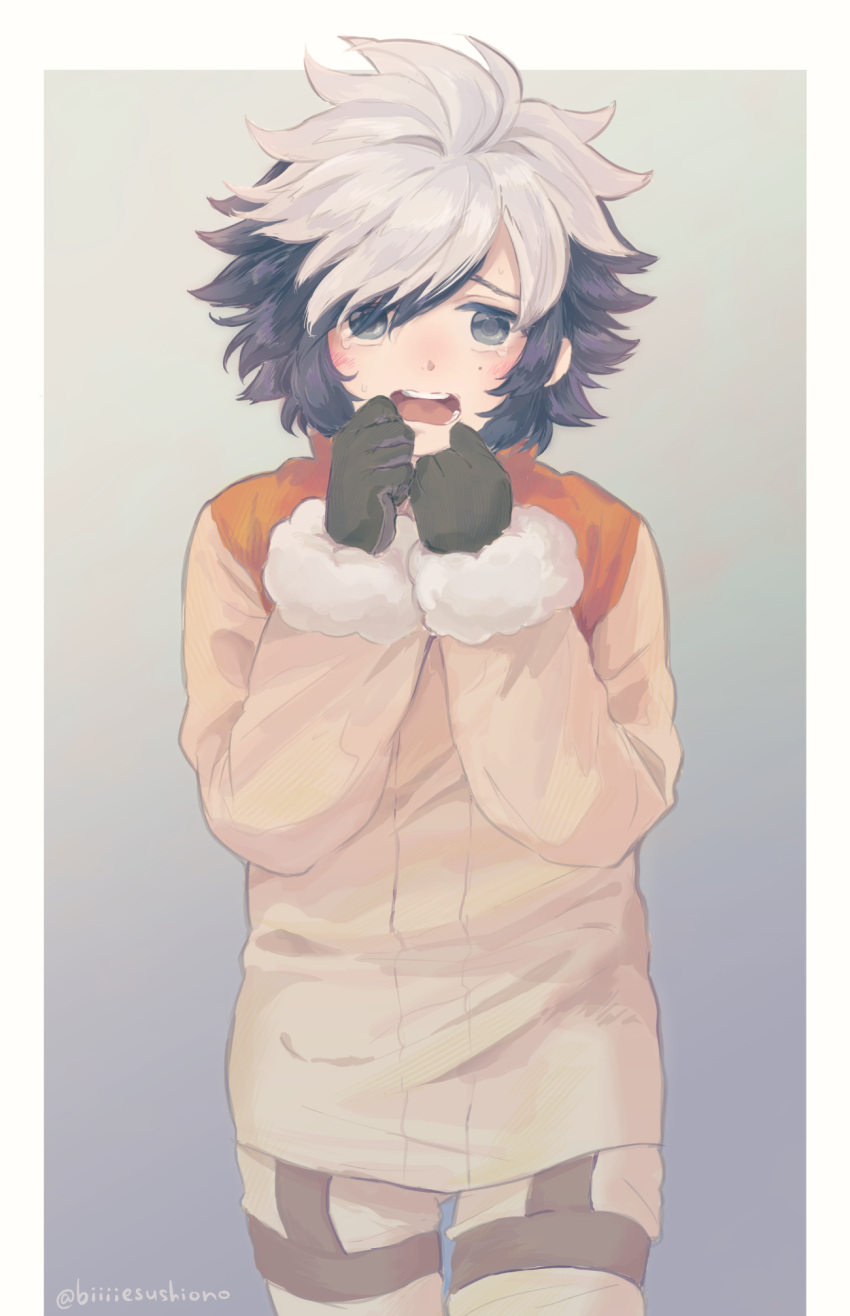 1girl, black_eyes, black_gloves, black_hair, blush, border, brown_jacket, brown_pants, cowboy_shot, fur-trimmed_sleeves, fur_trim, furrowed_brow, gloves, gradient_background, grey_background, hands_up, highres, jacket, long_sleeves, looking_to_the_side, masao_(ebi_no_osushi), mole, mole_under_eye, multicolored_clothes, multicolored_hair, multicolored_jacket, mutsu_(this_communication), nervous, open_mouth, orange_jacket, pants, short_hair, solo, standing, tearing_up, this_communication, twitter_username, two-tone_hair, two-tone_jacket, white_border, white_hair