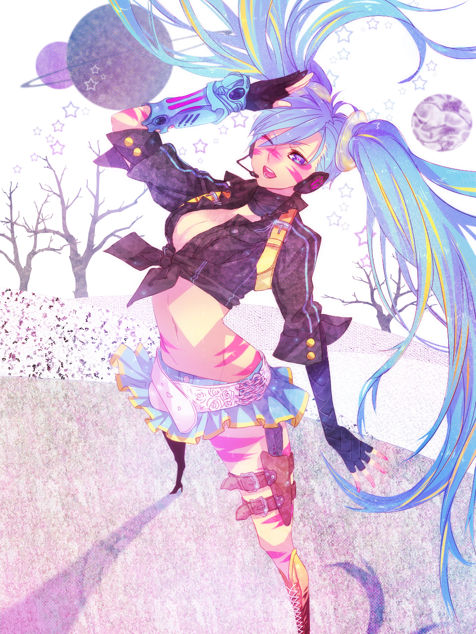 araki_(bouncer), belt, blue_eyes, blue_hair, boots, breasts, cleavage, fingerless_gloves, front-tie_top, gloves, hatsune_miku, headset, highres, knee_boots, knife, long_hair, midriff, navel, perspective, salute, skirt, solo, tied_shirt, twintails, very_long_hair, vocaloid, wink