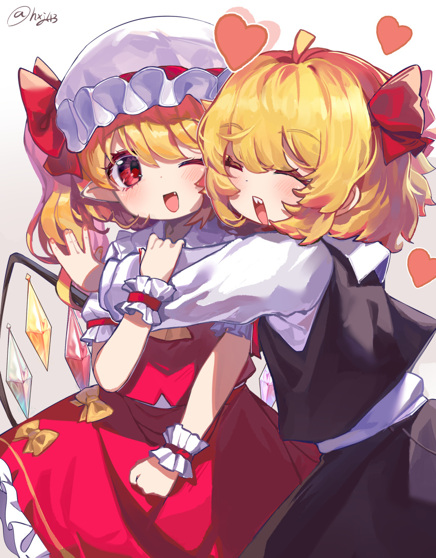2girls, absurdres, ascot, blonde_hair, closed_eyes, crystal_wings, dress, flandre_scarlet, frills, hair_ribbon, heart, highres, hxj_(2324184595), medium_hair, multiple_girls, one_eye_closed, open_mouth, red_dress, red_ribbon, ribbon, rumia, short_hair, side_ponytail, touhou, wrist_cuffs, yellow_ascot