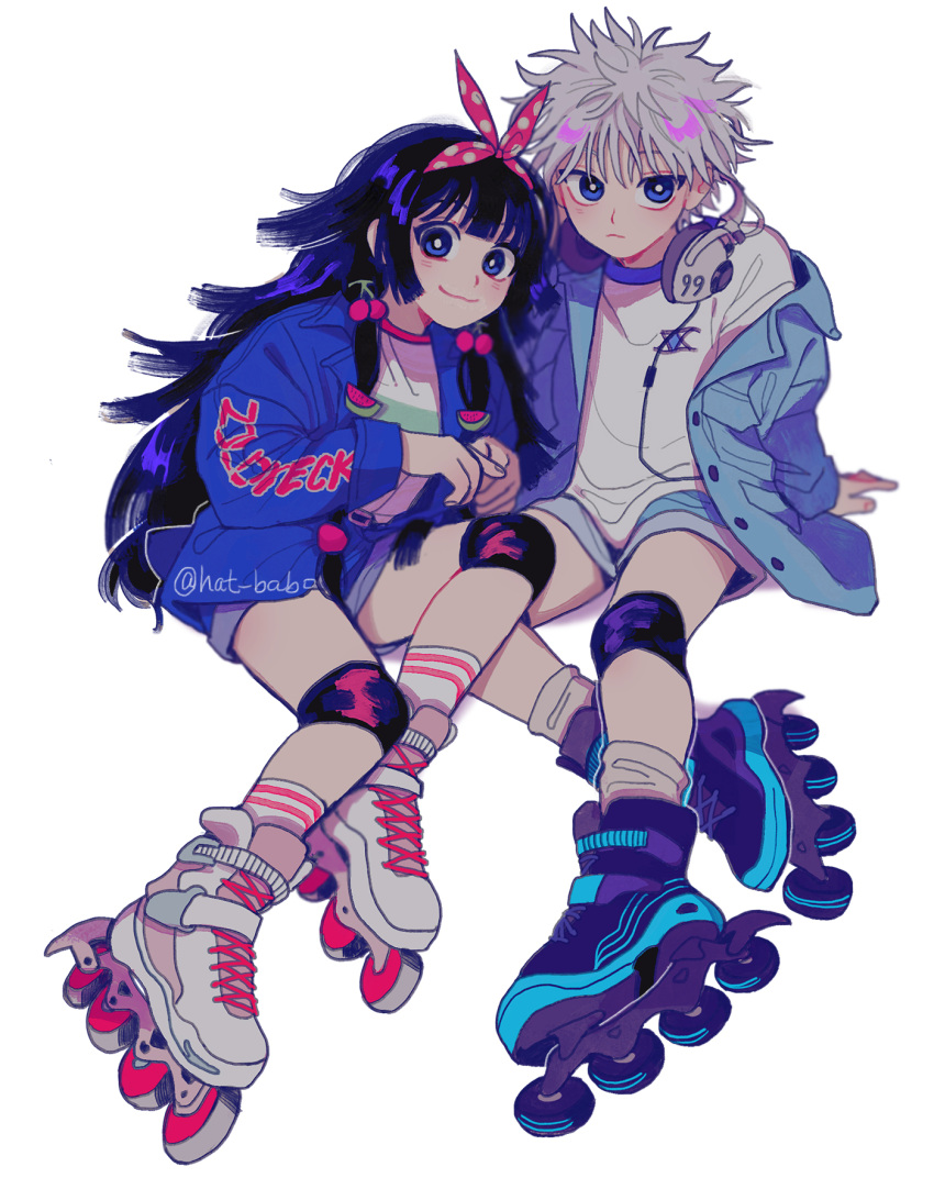 1boy, 1girl, :3, alluka_zoldyck, alternate_costume, black_hair, blue_eyes, blue_jacket, blue_shorts, blunt_bangs, blunt_sidelocks, bright_pupils, brother_and_sister, hat_babo, headphones, headphones_around_neck, highres, hunter_x_hunter, inline_skates, jacket, killua_zoldyck, knee_pads, leaning_on_person, long_hair, open_clothes, open_jacket, roller_skates, shirt, short_hair, shorts, siblings, simple_background, sitting, skates, smile, socks, white_background, white_hair, white_pupils, white_shirt, white_socks