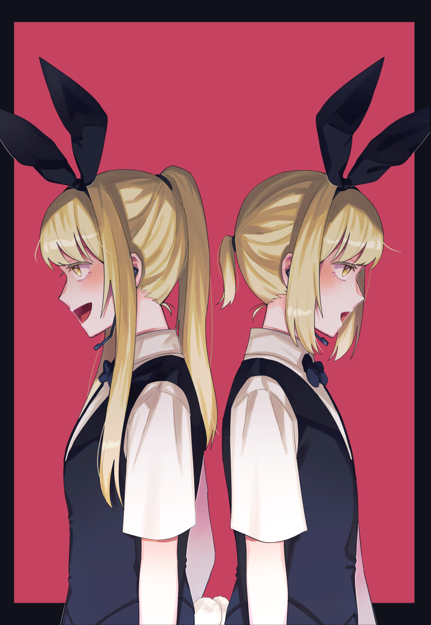 absurdres, alternate_costume, back-to-back, black_border, black_bow, black_bowtie, black_ribbon, black_vest