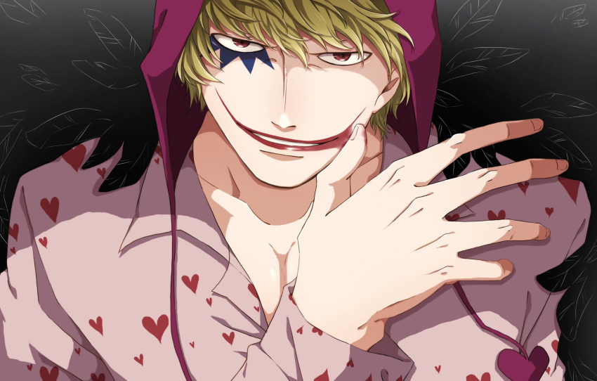 1boy, black_coat, blonde_hair, close-up, coat, collared_shirt, commentary, donquixote_rocinante