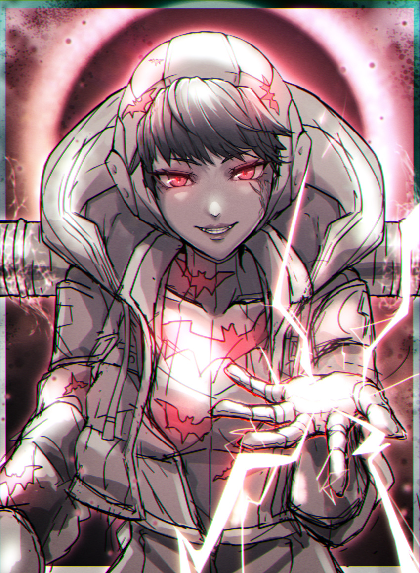 1girl, animal_print, animification, apex_legends, bat_print, bodysuit, electricity, fangs