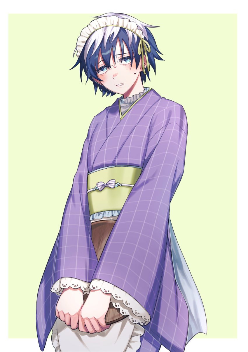 1girl, absurdres, alternate_costume, apron, blue_hair, blush, border, clenched_teeth