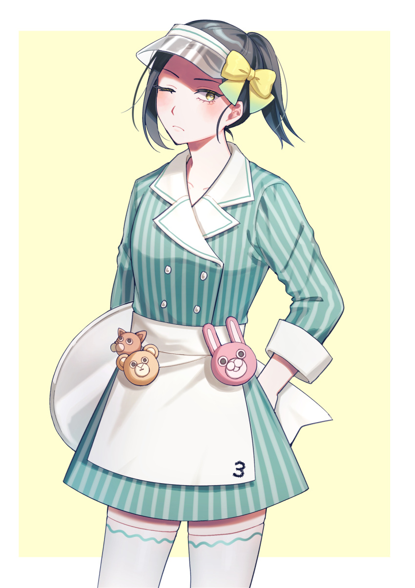 1girl, absurdres, alternate_costume, animal_charm, apron, arm_behind_back, bear_charm, black_hair
