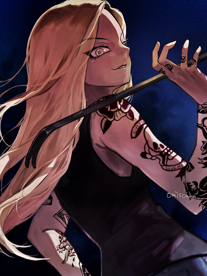 1girl, absurdres, arm_tattoo, blonde_hair, claire_(jimoto_saikou), crowbar, hand_tattoo, highres, holding, holding_crowbar, jimoto_saikou, long_hair, looking_back, miso_(user_kjzc5327), smile, solo, tank_top, tattoo, tattoo_sleeve, very_long_hair, yellow_eyes