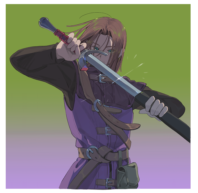 1boy, belt_bag, belt_buckle, black_shirt, blue_eyes, brown_hair, buckle, closed_mouth, coat, commentary, dragon_quest, dragon_quest_xi, glint, gradient_background, green_background, hands_up, hero_(dq11), holding, holding_sheath, holding_sword, holding_weapon, kmjung1031, long_sleeves, looking_at_viewer, male_focus, medium_hair, parted_bangs, purple_background, purple_coat, sheath, shirt, shoulder_belt, sleeveless, sleeveless_coat, solo, sword, two-tone_background, unsheathing, upper_body, weapon